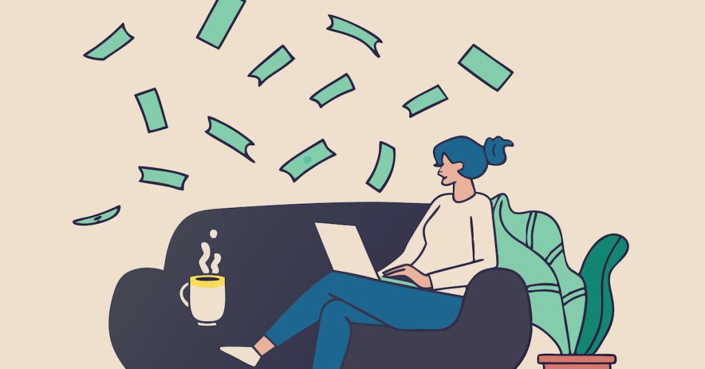 A lady working, whilst sat on a sofa surrounded by money, Is uni still worth it - article on Silver Magazine www.silvermagazine.co.uk