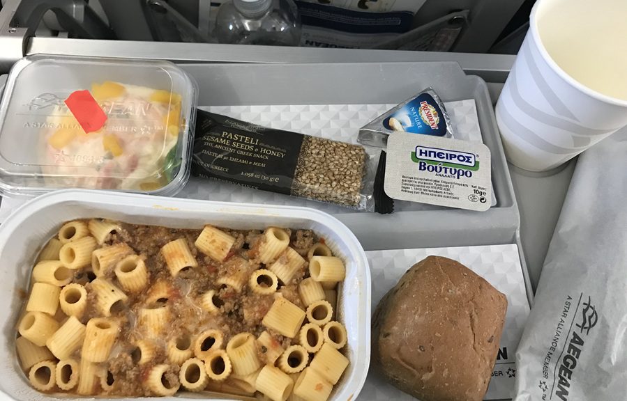 in flight meal of prawn cocktail, pastitsio and a sesame honey bar. Aegean flight meal best time to visit Athens www.silvermagazine.co.uk