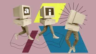 Composite image artwork 3D collage of virtual reality modern service support ai job human resources obsolete computer monitor walk legs. AI recruitment - article Silver Magazine www.silvermagazine.co.uk