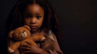 AI generated image of sad child with teddy bear