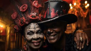 Two people smiling with large, extravagant, red and black hats and black face paint as Halloween costumes
