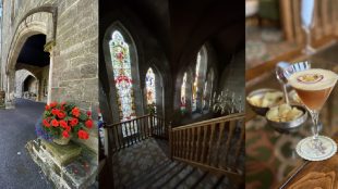 Image composite of three shots - the outside of a hotel with stone walls and nice flowers, middle shot shows a stairwell with stained glass windows, and final image is of a porn star martini