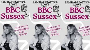 Image shows a composite of three pictures of Sam in a promo shot showing a radio mic and a photgraph, repeated three times