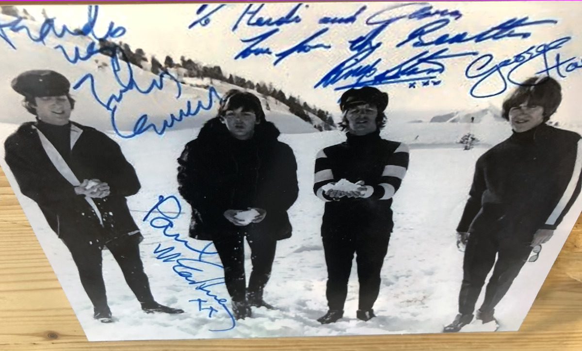 Signed black and white photo of The Beatles in Austria. On Alison's skiing first time holiday