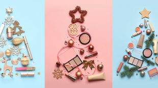 Collection of Christmas trees made of makeup cosmetics and decor on colour background. Beauty Christmas Gift Guide Silver Magazine www.silvermagazine.co.uk