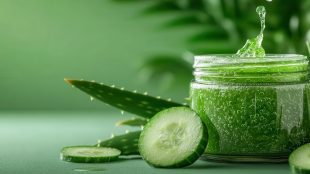 This vibrant image showcases a jar of bubbly green aloe vera and cucumber blend, highlighted by fresh cucumber slices and aloe leaves, evoking a refreshing sensation. Benefits cucumber aloe vera skincare article Silver MAgazine www.silvermagazine.co.uk