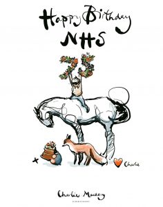 Illustration by Charlie Mackesy that says Happy Birthday NHS with a boy on a horse holding a 75 made from flowers, joined by a fox, and a mole holding a cake.