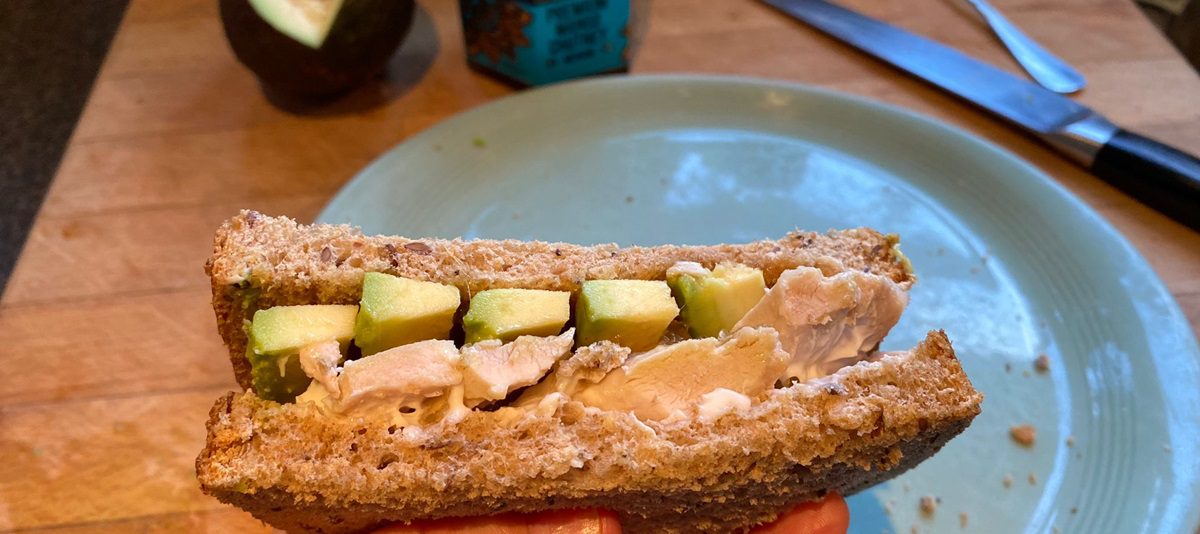 Shows sandwich from cut side displaying innards.