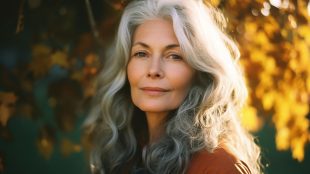 Smiling middle age grey-haired woman. Autumn leaves behind her