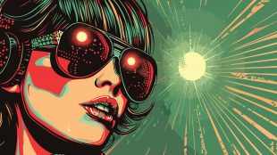 Beautiful woman in sunglasses, graphic image with disco ball on green background