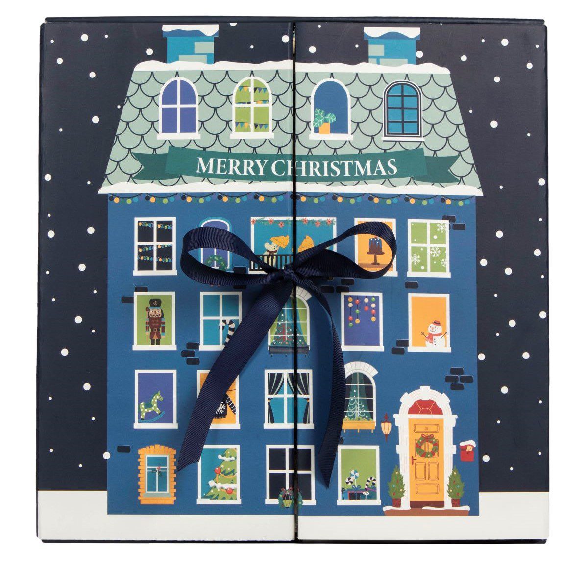 Image of an advent calendar made to look like a blue snowy house, tied with a ribbon.