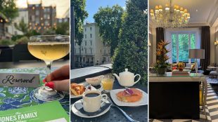 Composite images - hand holding a glass of champagne, breakfast on the balcony overlooking the greenery outside, the swanky indoor foyer of the hotel - Eccleston Square Hotel - solo staycation review Silver Magazine www.silvermagazine.co.uk