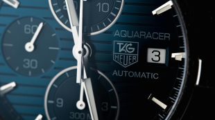 Close up of dark blue watch dial on Tag Heuer automatic GMT watch