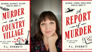 Image shows F L Everett the novelist headshot in between two of her book covers