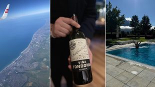 composite of three images - view from window of swiss air plane; a server showing a bottle of rioja; a person happily swimming in an outside pool