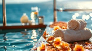 A tranquil cruise ship spa, offering luxurious treatments with calming ocean scenes in the background. health cruise travel wellness - Silver Magazine www.silvermagazine.co.uk