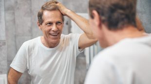 Waist-up portrait of an attractive pleased middle-aged Caucasian man touching his hair with a hand, looking at himself in the mirror. Holistic approaches to hair loss treatment men over 50 - Silver Magazine www.silvermagazine.co.uk