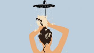 Woman taking shower bath, washing head with shampoo while hair in the foam. Hygiene, morning routine concepts. Vector illustration; article on Silver Magazine www.silvermagazine.co.uk/how-often-do-we-actually-need-to-shower