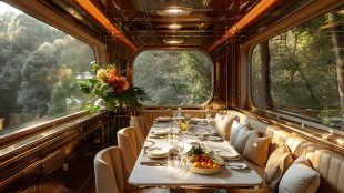A beautifully decorated luxury train cabin, showcasing comfortable seating with elegant details, a fine dining setup with gourmet dishes and wine, and large windows with breathtaking views of the countryside. How to maximise your travel budget, silver magazine, silvermagazine.co.uk