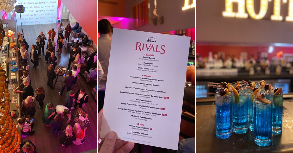 Jilly Cooper's Rivals launch party - image shows prople partying, a menu showing the canapes and drinks list, a load of blue cocktails. Silver Magazine www.silvermagazine.co.uk