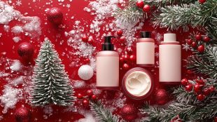 A festive arrangement of skincare products displayed on Christmas tree gift boxes, set against a red and white background with snowflakes gently falling in the air. last minute christmas shopping ideas beauty and skincare Silver Magazine www.silvermagazine.co.uk