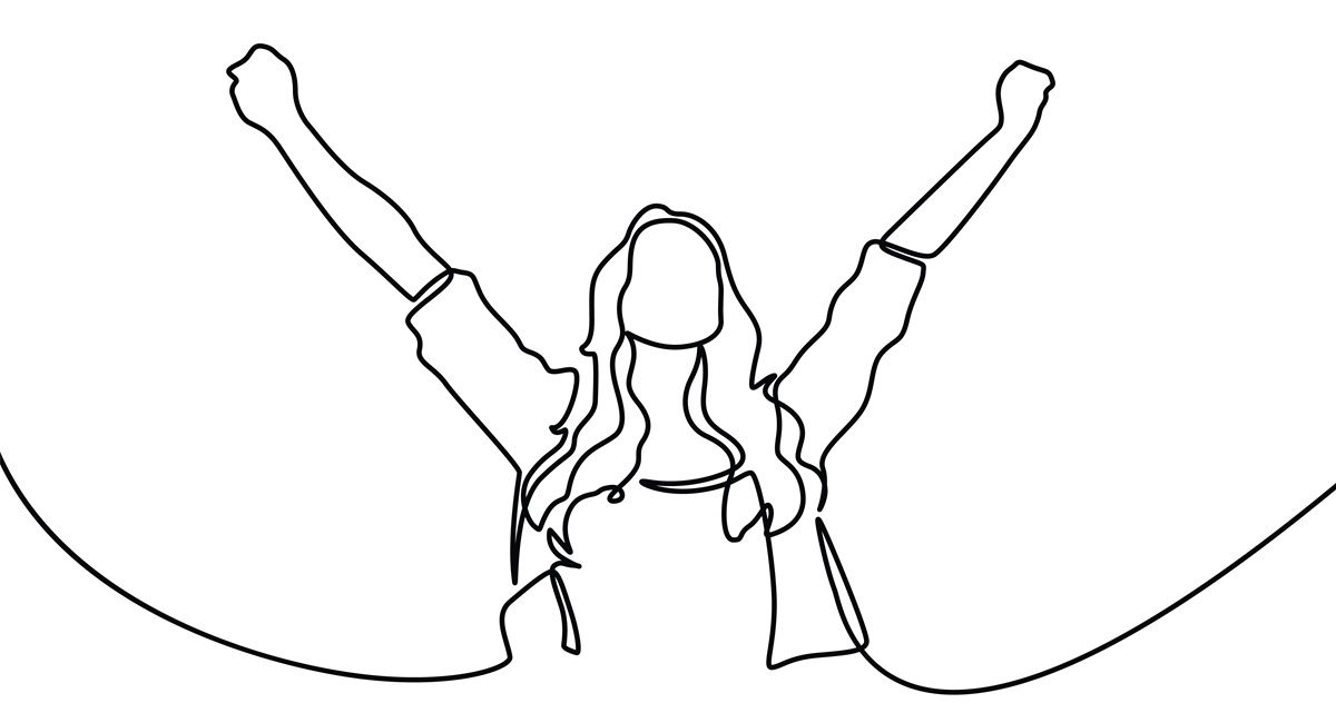 Continuous line drawing of cheering woman demonstrating midlife coming of age. Continuous one line drawing of woman rising hands up feeling happy and freedom. Woman feeling free, minimalism design isolated on white background.