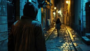 Crime, stalking and sexual assault concept. Back of man in hood following woman in dark narrow street at night late evening. Misogyny in Britain WI report IWD 2025 - Silver Magazine www.silvermagazine.co.uk