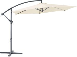 beige parasol supported by a black metal frame against a white background, small buys to get your garden ready for a big summer, silvermagazine, silvermagaazine.co.uk