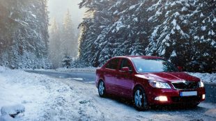 Image of a shiny red car driving down a snowy road through tall evergreen trees.