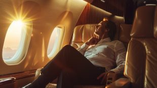 Man on private plane looking out of window. Private plane for long haul flying Silver Magazine www.silvermagazine.co.uk