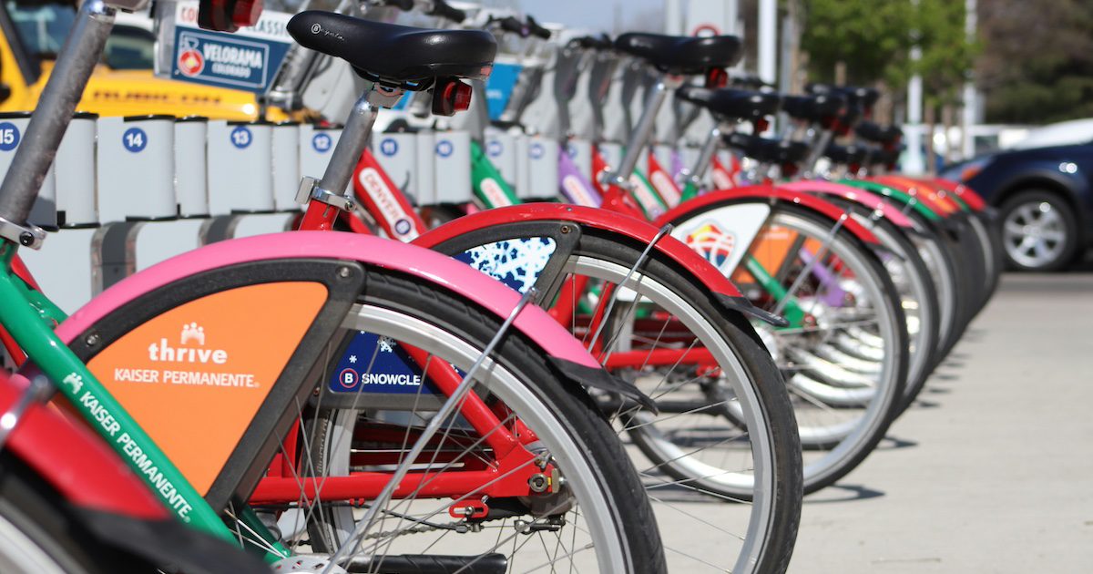 colourful public bikes lined up