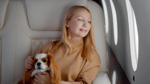 Elegant mature woman sitting inside private jet with adorable dog. Portrait of confident wealthy business lady travelling first class with cocker spaniel pet. Relocating Dubai take dog - Silver Magazine www.silvermagazine.co.uk