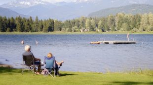 Mature couple sat in camping chairs looking out at river with trees in the distance. Holidays for retirees on Silver
