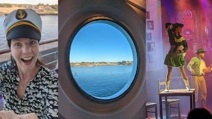 Image shows three pictures as a collage - one with Georgia the reviewer in a ship's captain's hat, one with a view through a porthole, and one with images from a stage show set on the ship