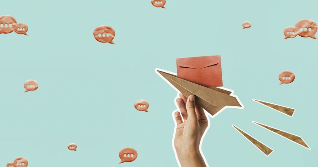 Send your message. Art collage with paper plane, envelope and speech bubbles.