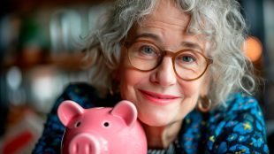 close up portrait of happy older woman with pink piggy bank, Smart spending strategies Christmas article on Silver Magazine www.silvermagazine.co.uk