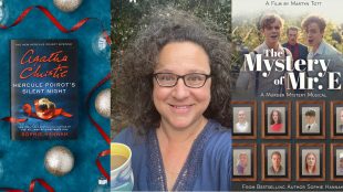 Image shows author Sophie Hannah in the centre with two of her book covers either side of her photo - Hercule Poirot's Silent Night, and The Mystery of Mr E