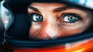 Close-up of a female race car driver in helmet. The race for equality in motorsport article Silver Magazine www.silvermagazine.co.uk