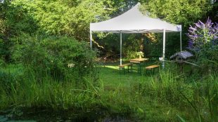 White pavilion or gazebo with benches and table in an overgrown natural garden by the pond, idyllic scene, copy space, selected soft focus, narrow depth of field. Waterproof gazebo in UK - Silver Magazine www.silvermagazine.co.uk