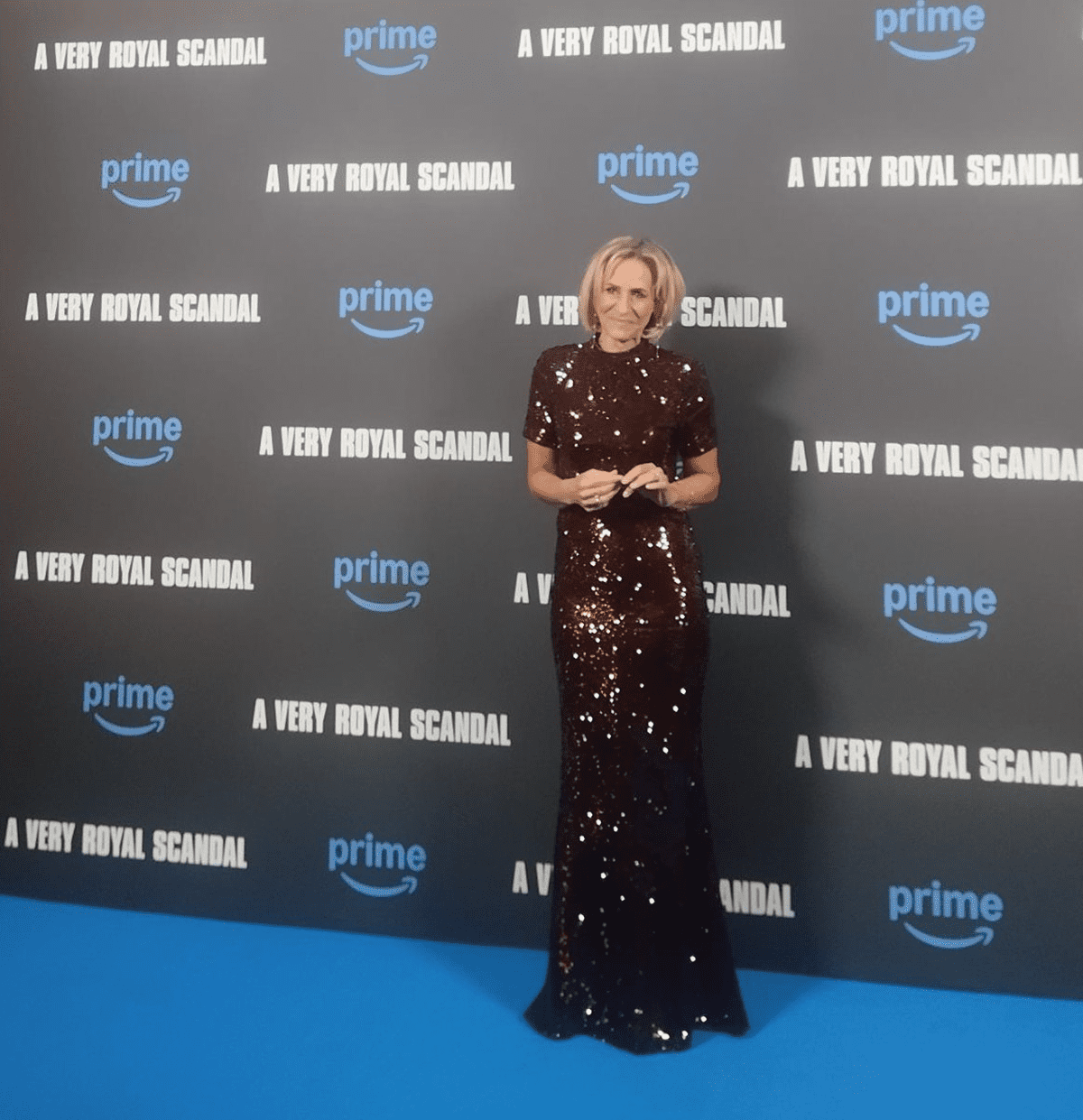 Emily Maitlis on the blue carpet at the premiere of 'A Very Royal Scandal' 